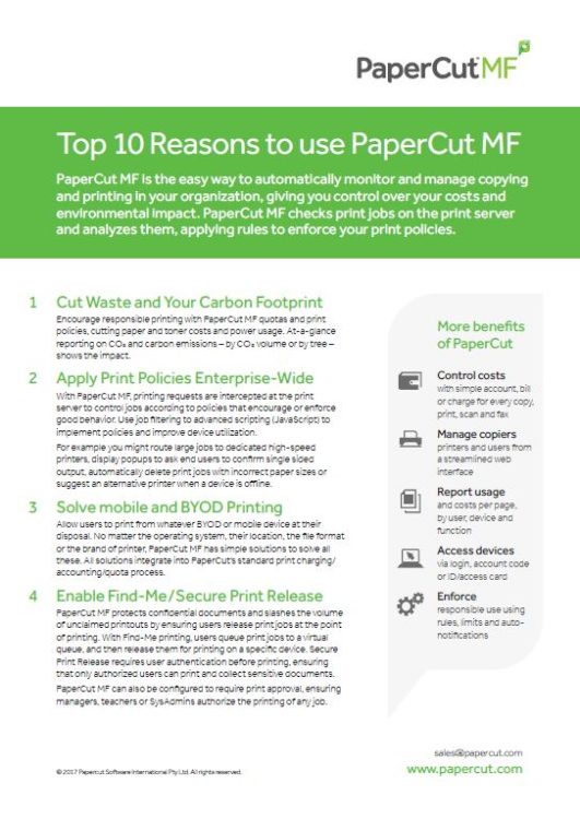 Top 10 Reasons, Papercut MF, Electronic Business Machines, Lexington, KY, Lexmark, Xerox, Dealer, Reseller, MFP, Printer, Copier, Kentucky