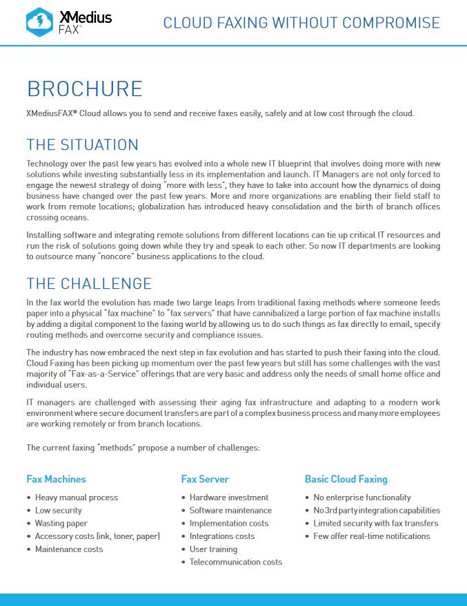 Xmmedius Cloud Fax Brochure Cover, XMedius Fax, Electronic Business Machines, Lexington, KY, Lexmark, Xerox, Dealer, Reseller, MFP, Printer, Copier, Kentucky